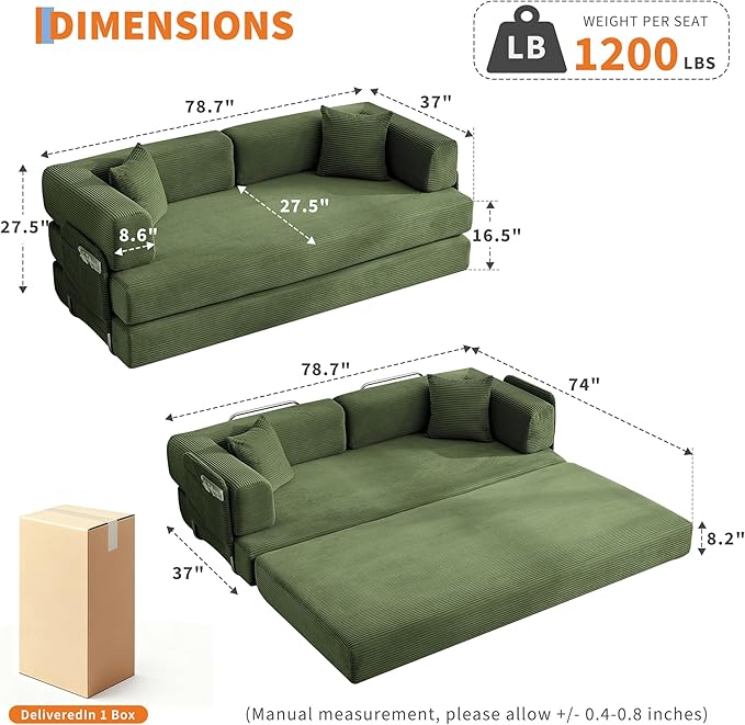 Garvee 5-in-1 Convertible Sofa Bed, 78.8" Modular Corduroy Sleeper with Sturdy Frame & No Assembly, Multi-Functional Futon for Small Space, Living Room & Guest Room (Green)