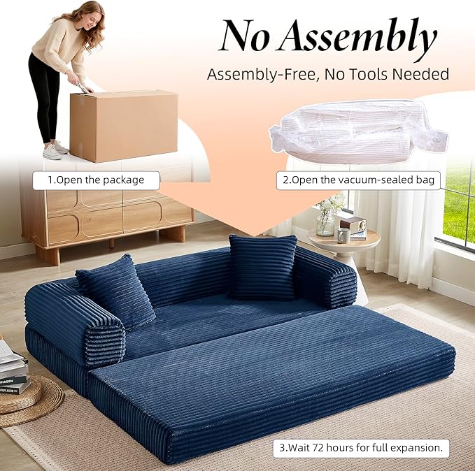78 Inch Convertible Folding Sleeper Sofa Bed, Fold Out Floor Sofa Couch with Fixed-Shape Frame, Cloud Corduroy Foldable Mattress Couch for Living Room Bedroom (Blue)