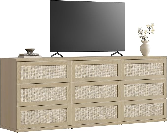 SICOTAS Dresser for Bedroom - 75" Wide 9 Drawer Dresser Rattan Dressers & Chests of Drawers Boho Drawers for Bedroom Bedside Table Clothes Long Closet Storage for Closet Hallway Entryway