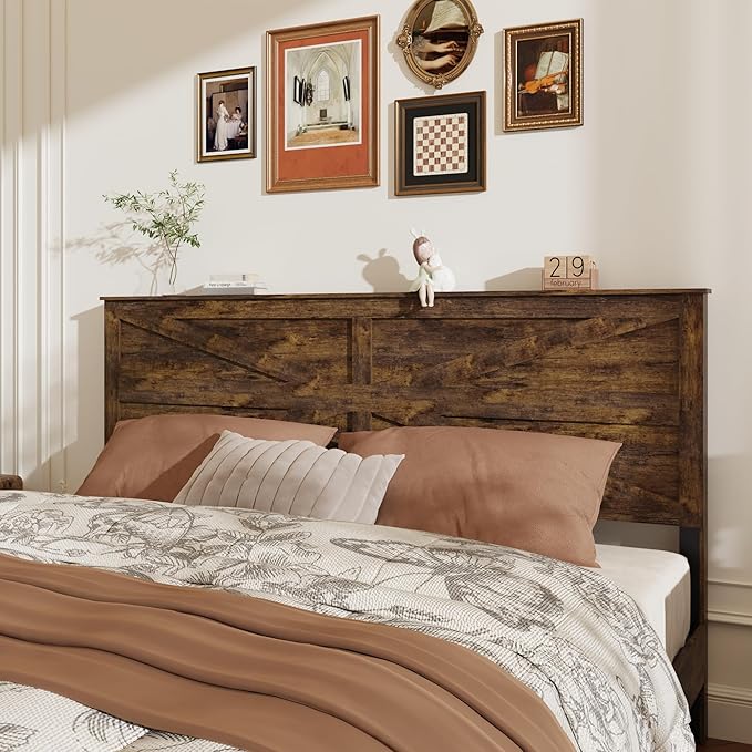 Queen Size Bed Frame with Farmhouse Headboard, Rustic Boho Wooden Bedframe with LED Lights and Charging Station, Easy Assembly, No Box Spring Needed (Brown, Queen)