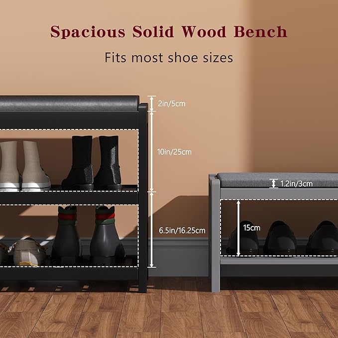 Shoe Bench Entryway, 100% Solid Solid Wood Shoe Rack Bench with Storage and Cushion Padded Seat, 3-Tier Shoe Organizer for Hallway Living Room, Mudrooms, Black