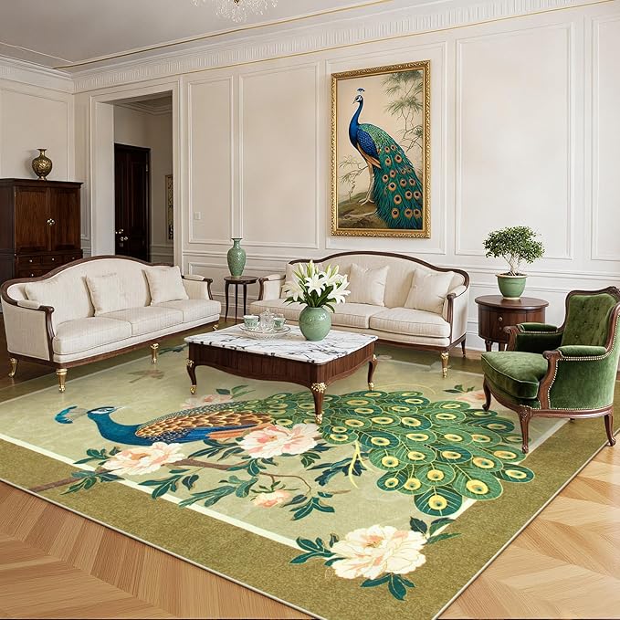 Lahome Peacock Area Rugs 8x10, Soft Washable 8x10 Rugs for Living Room, Floral Non Slip Vintage Ultra-Thin Stain Resistance Large Carpet for Bedroom Office Farmhouse Dining Room, Beige