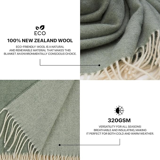 | Wool Blanket/Throw | 100% New Zealand Wool | Perfect for Home and Outdoors | Virgin Wool Throw with Fringes 75"x87" (190 x 220 cm)