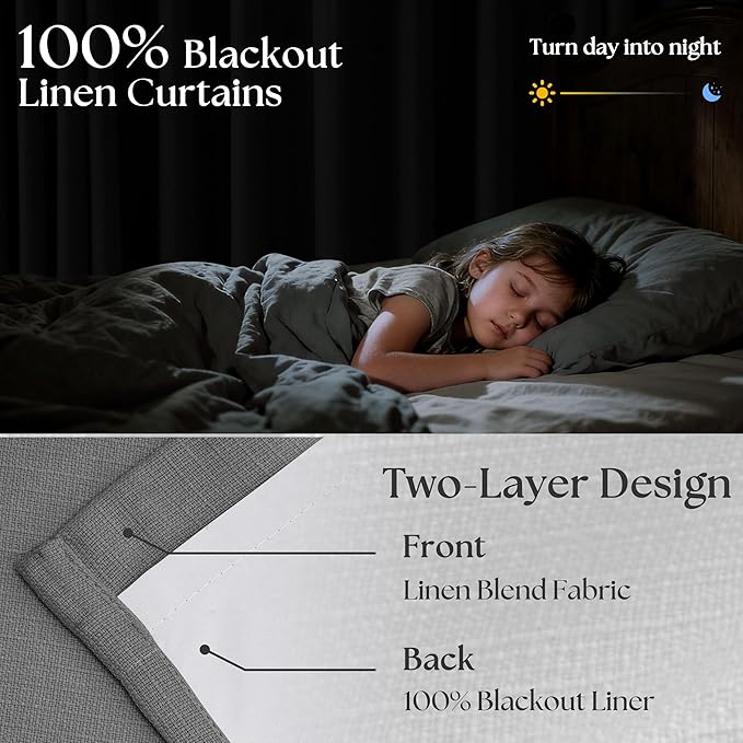 Grey Pleated Linen Blackout Curtains 84 Inches Long for Bedroom Living Room Pinch Pleat Black Out Thermal Insulated Ring Hooks Back Tab Room Darkening Drapes Charcoal Gray 84 Inch Curtains with Liner
