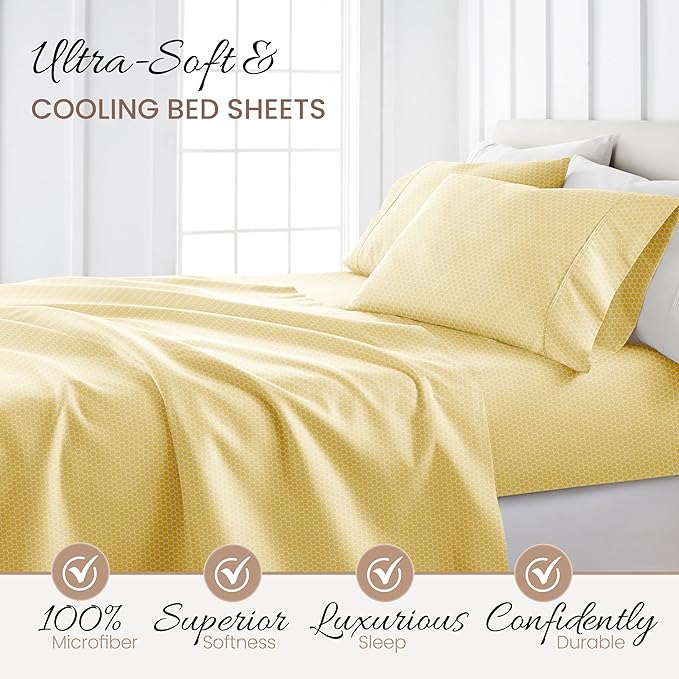 Linen Market Patterned Microfiber King Sheet Set 4 Piece – Oeko-TEX Certified Ultra Soft & Wrinkle-Free - 16" Deep Pocket Sheets - Easy Care King Size - Honeycomb Yellow
