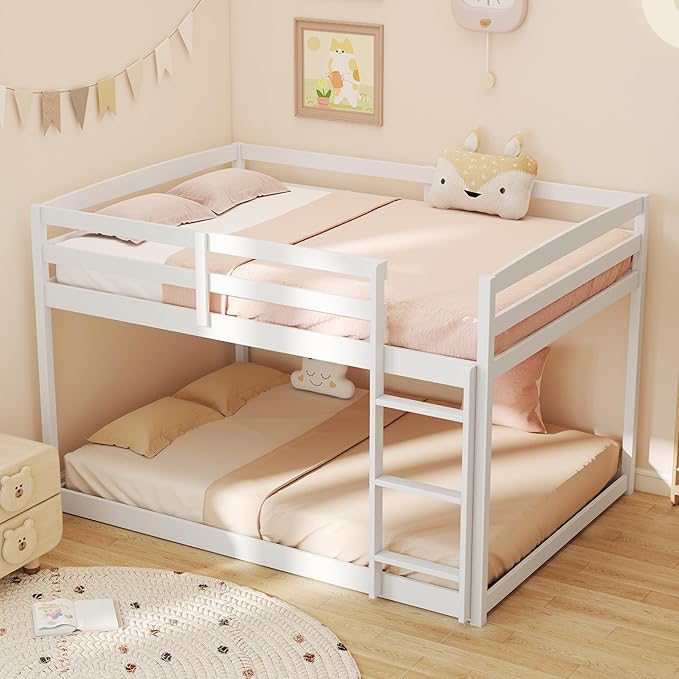KOMFOTT Low Bunk Bed Full Over Full, Solid Wood Full Bed Frame with Built-in Ladder & Safety Guardrails, Teens, No Box Spring Needed, Space-Saving Low Bunk Bed for Kids