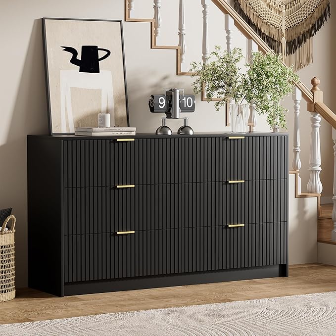 Black Dresser for Bedroom, Modern Dresser with 6 Drawers and Smooth Slides, Wide Chest of Drawers with Golden Handles for Bedroom, Living Room, Closet, 15.7" D x 55.1" W x 31.4" H