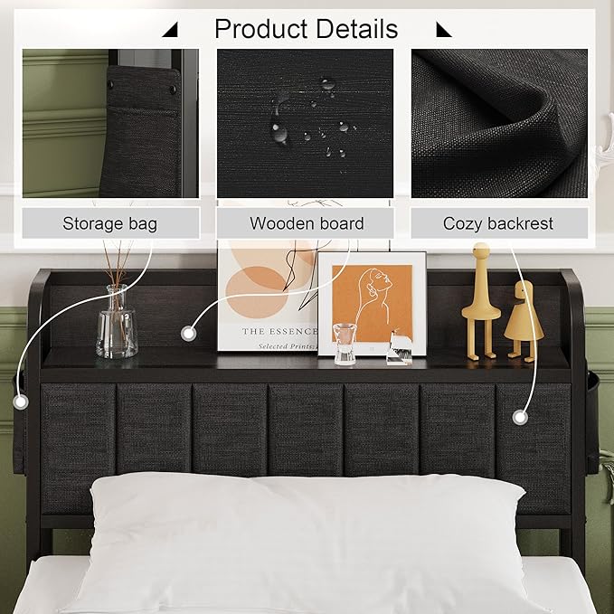 16 Inch Twin XL Bed Frames with Storage Headboard, Modern Design Metal XL Twin Bed Frame No Box Spring Needed, Easy Assembly, Black