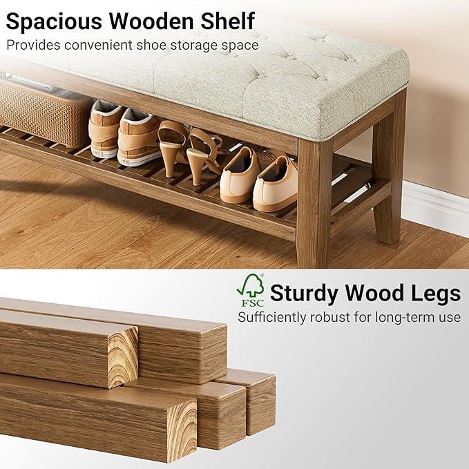 End of Bed Storage Bench, 42.9" Entryway Shoe Bench with Solid Wood Shelf, Upholstered Ottoman with Padded Seat for Bedroom, Hallway and Living Room, Beige