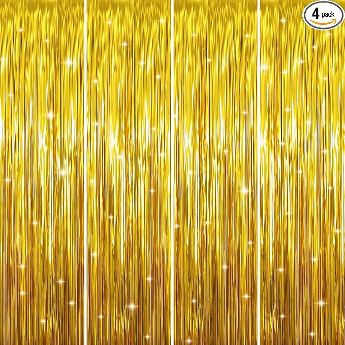 GOER 3.2 ft x 9.8 ft Metallic Tinsel Foil Fringe Curtains Party Photo Backdrop Party Streamers for Birthday,Graduation,New Year Eve Decorations Wedding Decor (4 Packs,Gold)