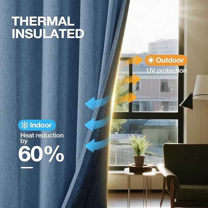 100% Blackout Curtains Thick Soft Curtain 2 Panels for Bedroom, Linen-Look Textured Full Light Blocking Room Darkening Thermal Insulated Drapes for Bathroom/Kitchen Windows (W52xL45, Blue)