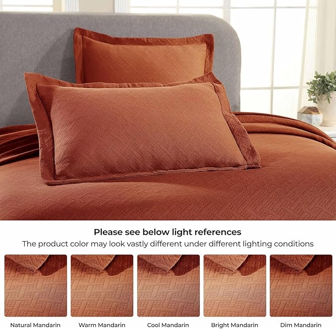 Superior 100% Cotton Basket Weave Bedspread with Shams, All-Season Premium Cotton Matelasse Jacquard Bedding, Quilted-Look Geometric Basket, Queen, Mandarin