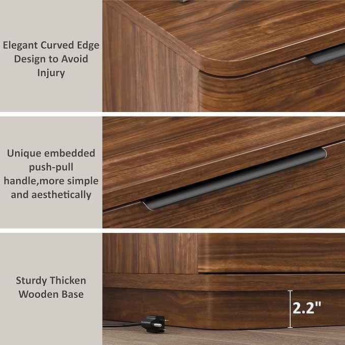 Nightstands Set of 2, Bedside Table with 3 Storage Drawers, 24" Tall Wood Night Stand with Charging Station, Modern Wide End Table Side Table W/Metal Handle Curved Profile for Bedroom