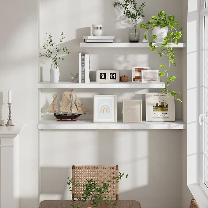40 Inch Floating Shelves for Wall, 9.3 Inch Deep Shelves for Books & Decor, Wall-Mounted Floating Shelf 40 Inch Long Set of 2, Rustic Wooden Shelf for Living Room, Bedroom, Kitchen, White