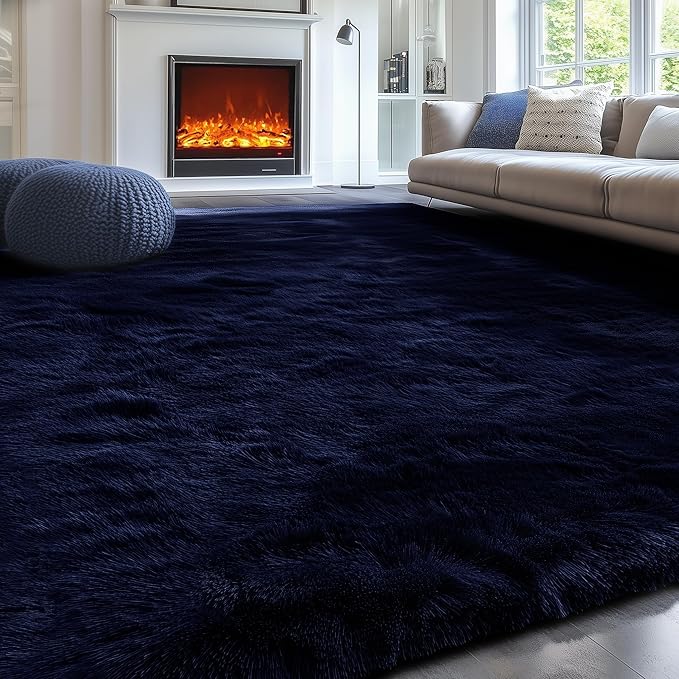 PAGISOFE Navy Blue Rug 3x5, Fluffy Dark Blue Rugs for Bedroom Super Soft Bedside Rugs, Modern Indoor Carpets for Living Room Non-Slip Carpet for Kids Boys Girls Teen Dorm Nursery Room Decor Classroom
