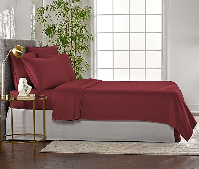 Pure Bamboo Queen Sheets, Genuine 100% Organic Viscose Derived from Bamboo Bed Sheet Set, Luxuriously Soft & Cooling, Double Stitching, 2 Year Quality Promise (Queen, Merlot)
