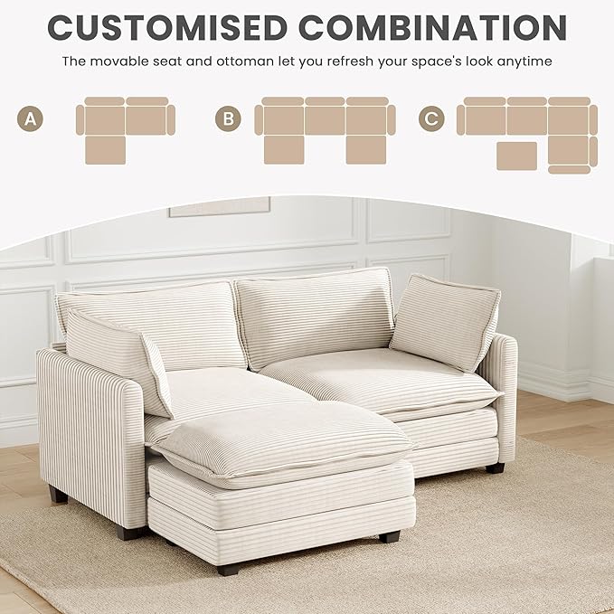78'' Modular Sectional Cloud Couch with Movable Ottoman, 3 Seat Comfy Modern Corduroy Sofa with 2 Throw Pillows, Deep Seat L Shaped Couch for Living Room Bedroom Apartment, Beige