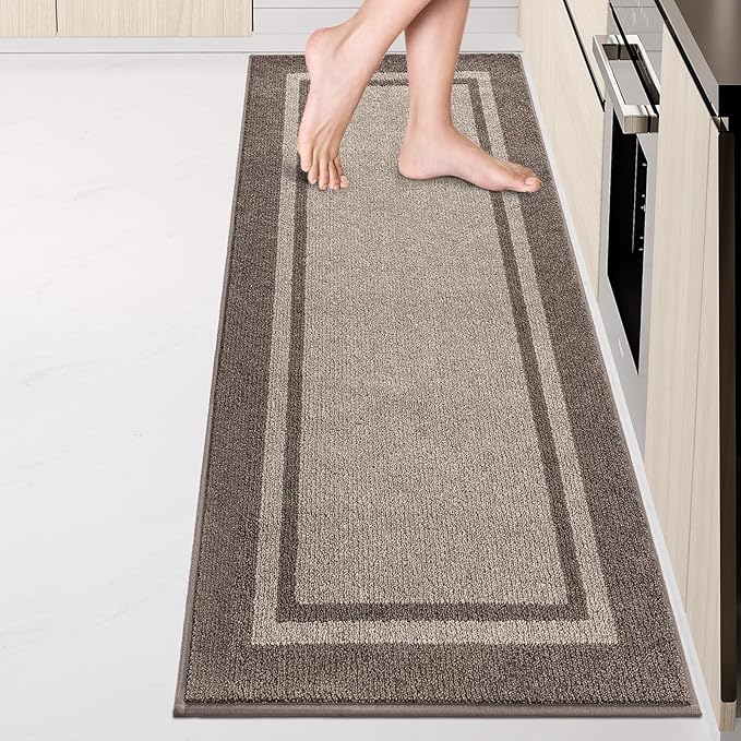 Kitchen Rugs 24" x 84", Non-Slip Machine Washable Kitchen Runner Rugs Floor Mats, Absorbent Comfort Standing Mats for Kitchen, Sink, Laundry and Hallway, Rolled Packaging, Beige & Grayish Brown