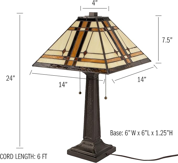 Lavish Home Tiffany-Style Table Lamp – Mission-Design Art Glass Lighting with 2 LED Bulbs Included – Vintage-Look Handcrafted Room Décor (Brown)