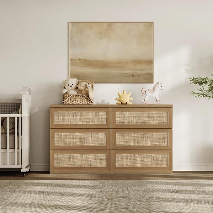 SICOTAS Dresser for Bedroom - 50" Wide 6 Drawer Dresser Rattan Dressers & Chests of Drawers Boho Drawers for Bedroom Bedside Table Clothes Large Closet Storage for Closet Hallway Entryway