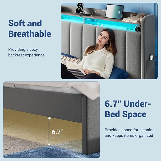 Allewie Velvet Vertical Tufted King Size Upholstered Platform Bed Frame with 2-Tier LED Storage Headboard & 2 Storage Drawers, USB & Type-C Charging Ports, Noise-Free/No Box Spring Needed, Grey