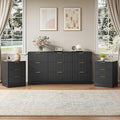 9 Drawer Black Dresser & Nightstand Set 3-Piece - 63” Long Fluted Dresser Set Night Stand Set of 2 with Metal Handle, Modern Wood Chest of Drawers Storage Dressers Set for Bedroom, Black