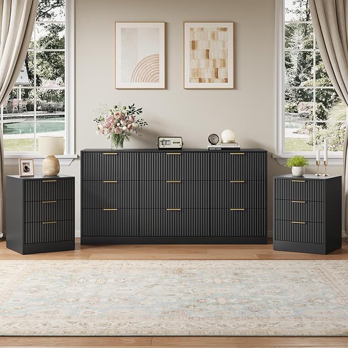 9 Drawer Black Dresser & Nightstand Set 3-Piece - 63” Long Fluted Dresser Set Night Stand Set of 2 with Metal Handle, Modern Wood Chest of Drawers Storage Dressers Set for Bedroom, Black