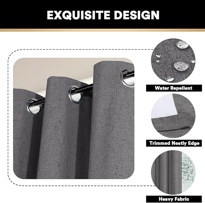 PrinceDeco Blackout Curtains 64" Long 2 Panels Set 100% Blackout Curtains for Bedroom Grommet Top Thermal Insulated with White Liners Flax Textured Full Blackout Window Draperies,W42 X L64, Grey