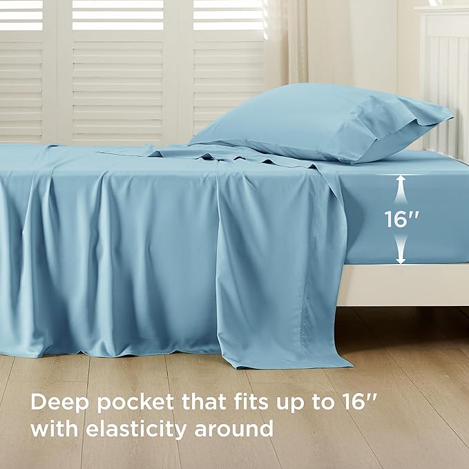 Bedsure Cooling Sheets Twin XL, Rayon Derived from Bamboo, Breathable & Soft Twin XL Sheet Sets, Deep Pocket Up to 16 Inches, Hotel Luxury Silky Dorm Bedding for Hot Sleepers, Aqua
