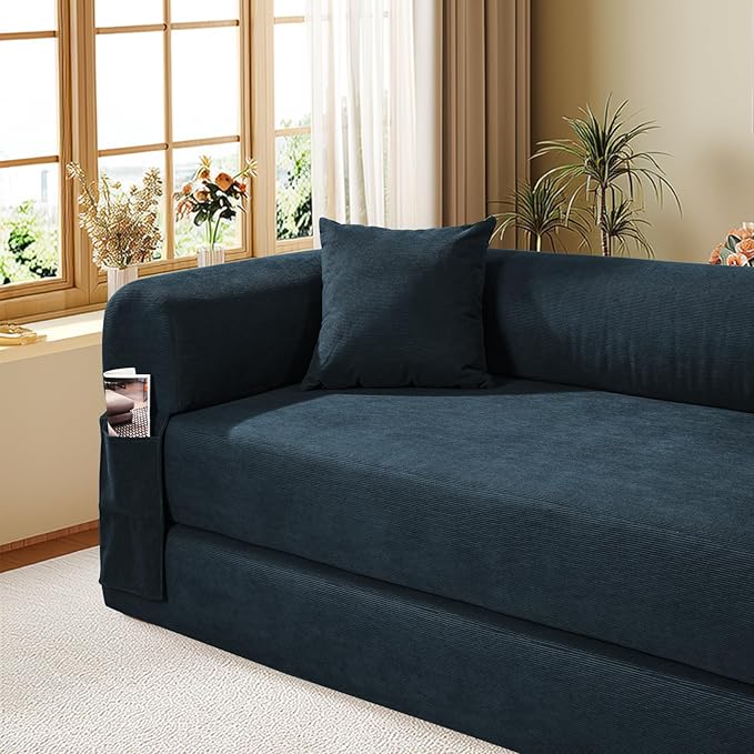Convertible Futon Sofa Bed,80" Folding Pull Out Couch with Pillows & Storage Pocket, Oversized Queen Sleeper Sofa in a Box,Corduroy Boneless Couch for Living Room,Navy Blue