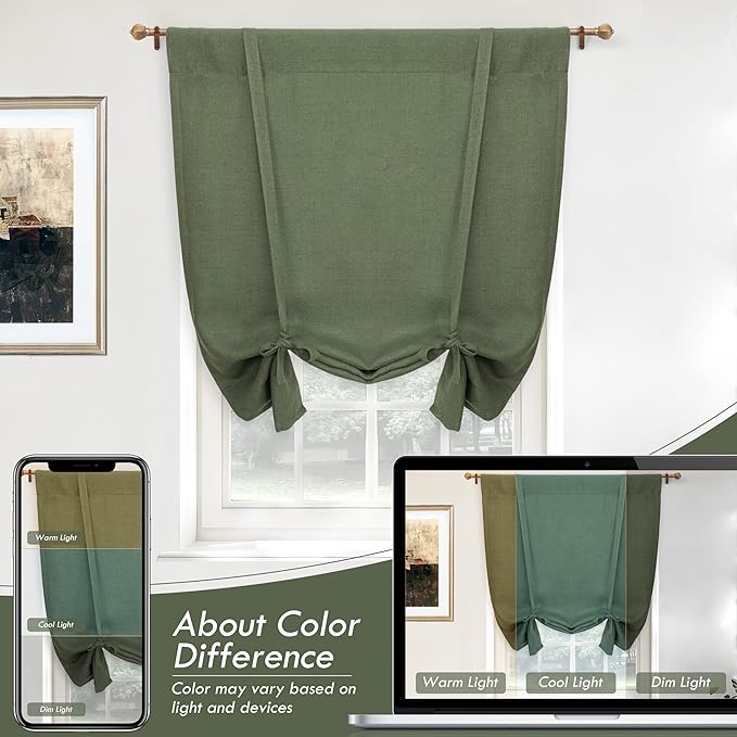 DriftAway Double Layer Linen Blackout Tie Up Curtains Thermal Insulated Fully Lined Balloon Roman Shade Bathroom Window Adjustable Rod Pocket for Small Window 25 Inch by 47 Inch Olive Green