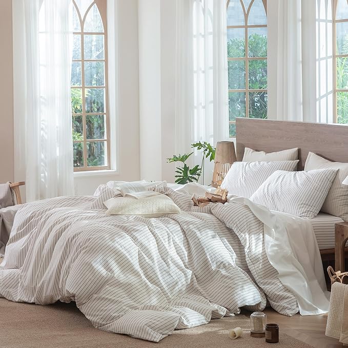 MooMee Striped Duvet Cover Set 100% Washed Cotton Linen Like Textured Breathable Durable Soft Comfy (White Orange Wide Stripes, Cal King 104"x98")