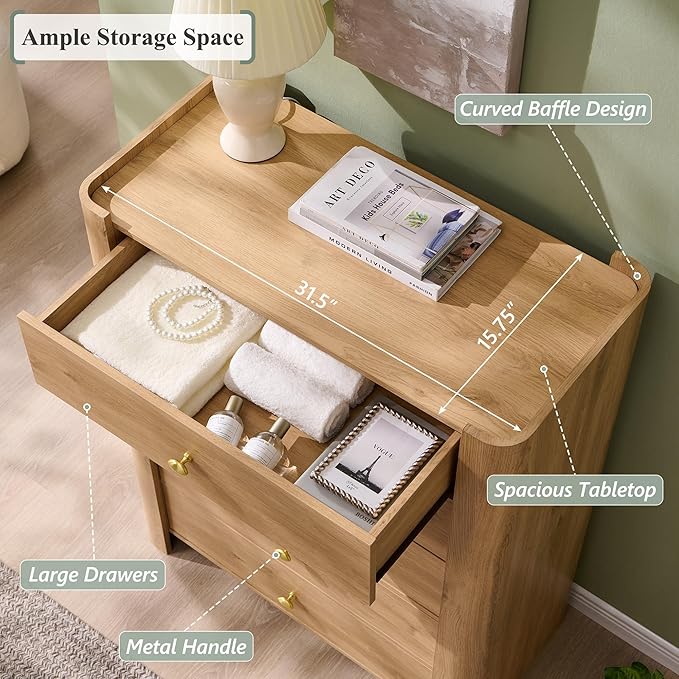 Modern 5 Drawer Dresser for Bedroom, Wooden Chest of Drawers with Curved Profile Design, 39.6" Tall Wood Dresser with Golden Metal Handle for Bedroom, Living Room, Hallway, Natural