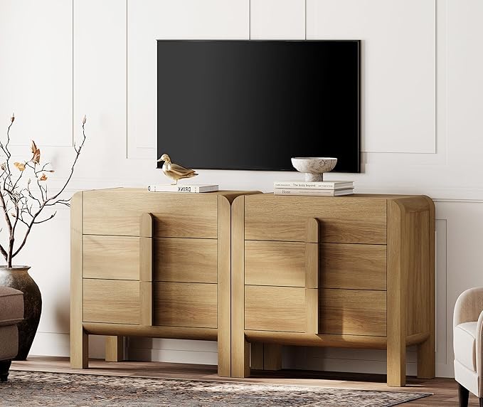 WAMPAT 6 Drawer Dresser for Bedroom,2 in 1 63" Wide Mid Century Modern Wide Chest of Drawer, Wood Tall Nightstand with Curved Edge Handles, Closet Dresser TV Stand for Bedroom, Light Walnut
