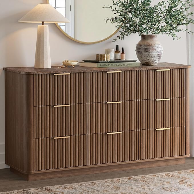 win2win 9 Drawer Dresser, Mid Century Modern Dresser with Storage, 55" Wide Fluted Chest of Drawers with Faux Marble Top, Dressers TV Stand, Drawers Organizer for Bedroom, Living Room, Hallway, Walnut