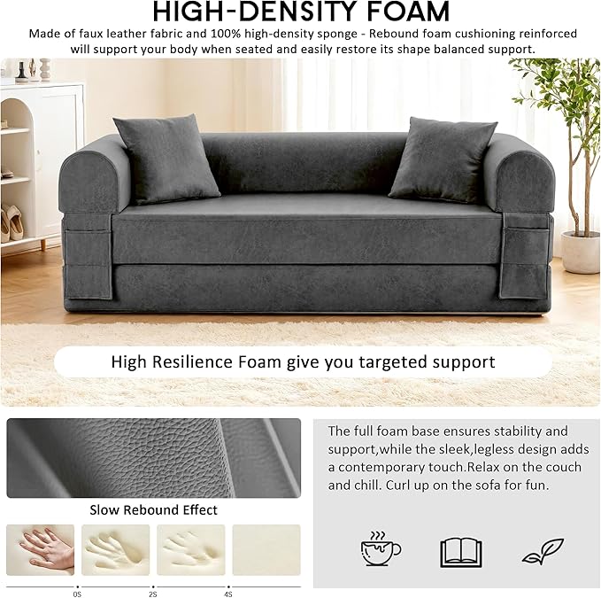 78.5" Convertible Sleeper Sofa Bed, Faux Leather Folding Floor Sofa with Pullout Bed&2 Pillows, No Assembly Modern Boneless Couch Compression Sofa in Box with Storage Pocket for Living Room, Gray
