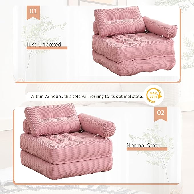Plus Futon Sofa Bed for Small Spaces, Floor Couch with Armrest, Folding Sofa Couch, Convertible Sleeper Chair Bed with Pillow, Portable Comfy Floor Lounge for Living Room and Bedroom, Pink