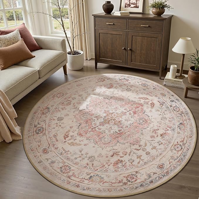 PADOOR 6FT Round Rug,Rugs for Living Room,Soft Pink Circle Rug,Machine Washable Rugs for Bedroom,Non Slip Carpet,Rug for Dining Room Living Room Bedside Office