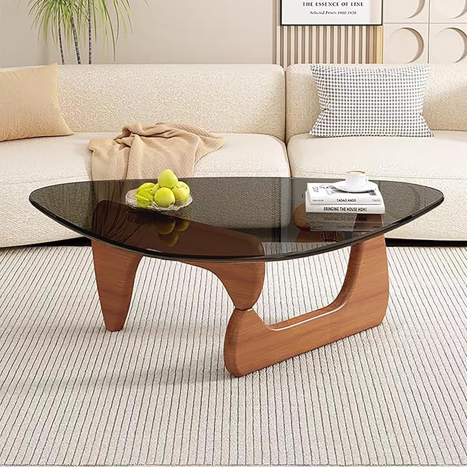 Glass Coffee Table, Mid Century Modern Coffee Table, Coffee Table for Living Room Center Table Suitable for Bedroom Living Room Reception Office Tables (Walnut/Grey, Large)