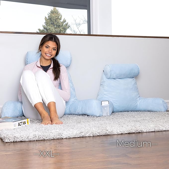 Husband Pillow XXL – Reading Pillow Bed Chair with Arms & Back Support – Sky Blue - Back Pillow for Beds Sitting Up – Bed Rest Arm Pillow – Comfy Reading Pillow for Adults