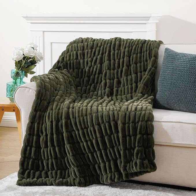 BATTILO HOME Olive Green Faux Fur Throw Blanket for Bed, Double Side Reversible Ruched Faux Rabbit Fur Throw for Couch, Bed, Super Soft Blanket Cozy Warm Mink Blanket, 50"x60"