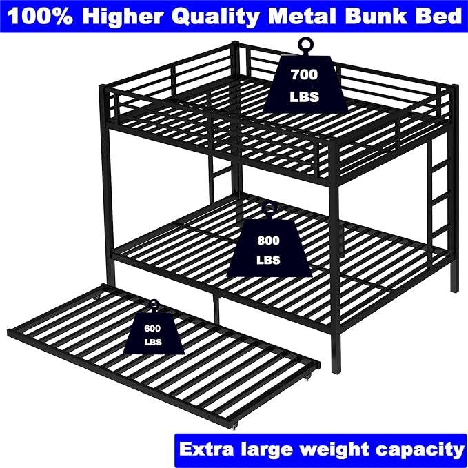 Upgraded Version Thicken Metal Heavy-Duty Queen Over Queen Bunk Bed with Trundle, Best Modern Style Stronger Queen Size Bunk Bed Frame with Ladder for Adults, Easy Assembly (Queen with Trundle)