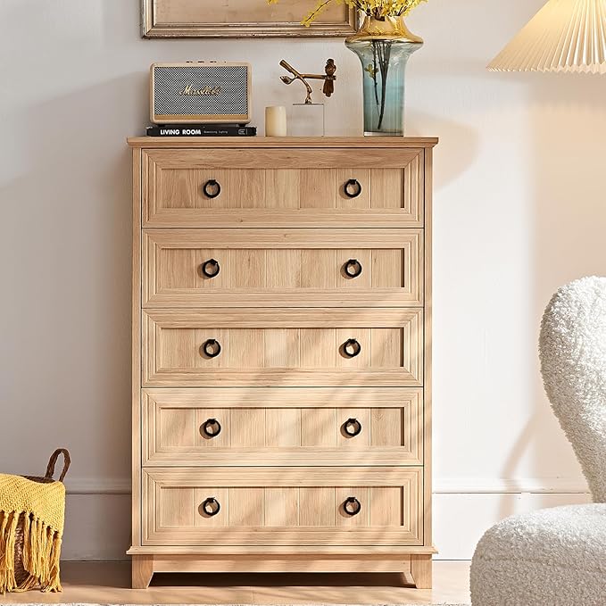 Farmhouse 5 Drawer Dresser for Bedroom, 42" Tall Small Dressers & Chest of Drawers, Rustic Wood Dresser with Metal Handle, Storage Organizer Closet for Living Room, Hallway, Entryway