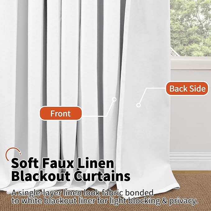 White Blackout Curtains for Living Room 90 Inch Length 2 Panels Set, Thermal Insulated Black Out Privacy Soundproof Grommet Farmhouse Linen Window Curtains for Bedroom Darkening, Each 52”Wide