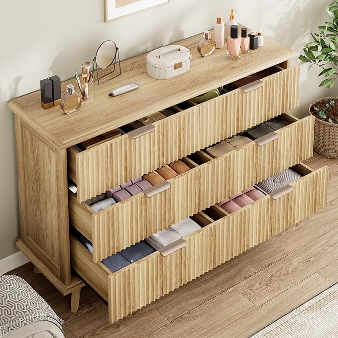 QUW Modern Fluted Dresser for Bedroom with 6 Drawers,47.2" Wood Closet Organizers and Storage,Wide 6 Drawer Dresser with Metal Handle,Hallway,Living Room(Natural Oak)