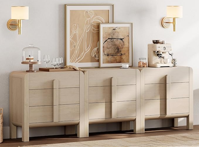 WAMPAT 3 in 1 9 Drawer Dresser for Bedroom, 94.5" Wide Mid Century Modern Wide Chest of Drawer, Wood Tall Nightstand with Curved Edge Handles, Closet Dresser TV Stand for Bedroom, Beige