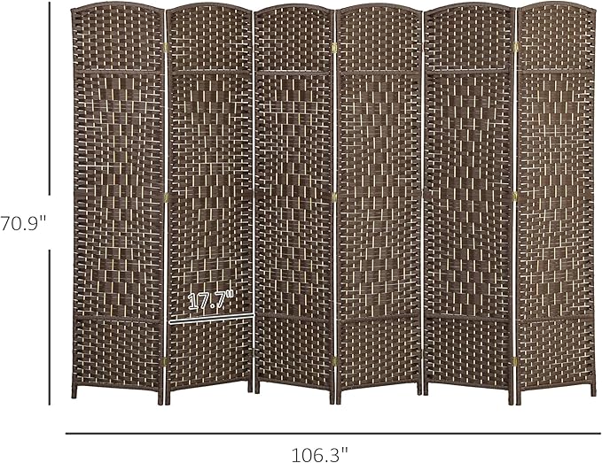 HOMCOM 6 Panel Room Divider, 6' Tall Folding Privacy Screen, Hand-Woven Freestanding Wall Partition for Home Office, Bedroom, Brown