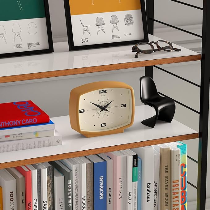 JONES CLOCKS® Film Desk Clock | Retro Rectangular Design | Mustard Yellow | Retro Design, Blending mid Century Style with a Punchy Modern Finish for Shelf, Table, Mantel or Bedside