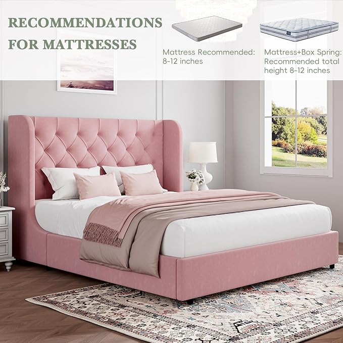HOMBCK Pink Queen Bed Frame, Upholstered Platform Bed Frame with Velvet Tufted Headboard, Curved Wingback Design, Wooden Slats, No Box Spring, Noise Free, Easy Assembly