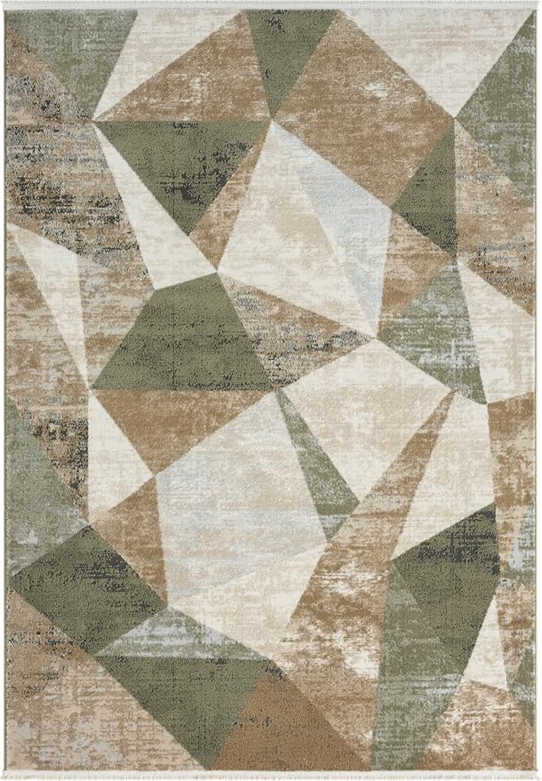 Abani Savoy Collection Area Rug - Green and Cream Geometric Design - 6'x9' - Easy to Clean - Durable for Kids and Pets - Non-Shedding - Medium Pile - Soft Feel - for Living Room, Bedroom, and Office